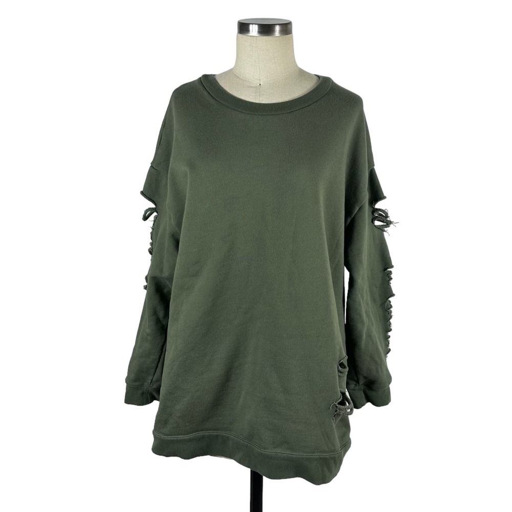 ALO Yoga Olive Green Crew Neck Pullover Sweatshirt Distressed Cutout